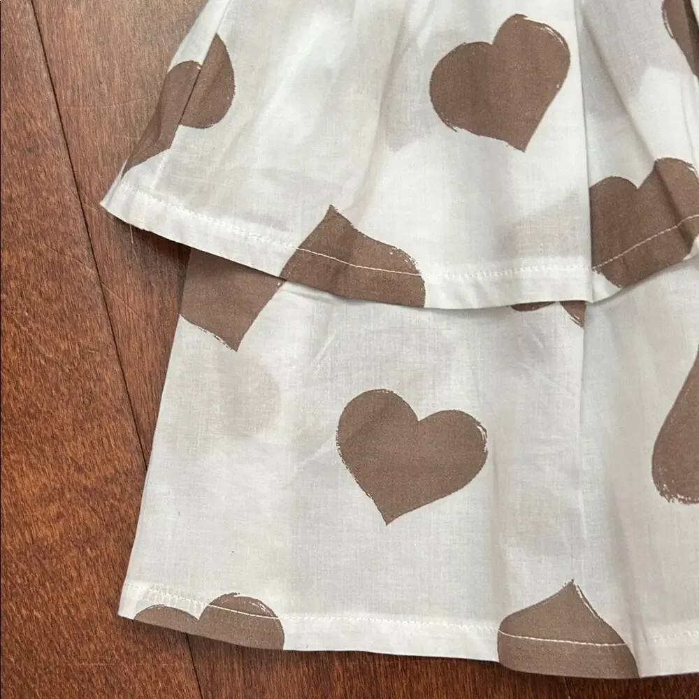 EMC White Tiered Skirt with Brown Heart Pattern, Size 7